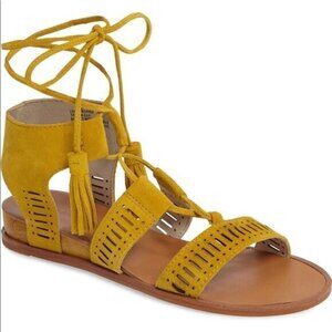 Caslon Gilda Mustard Yellow Suede Leather Gladiator Ankle Wrap Sandal Tassels